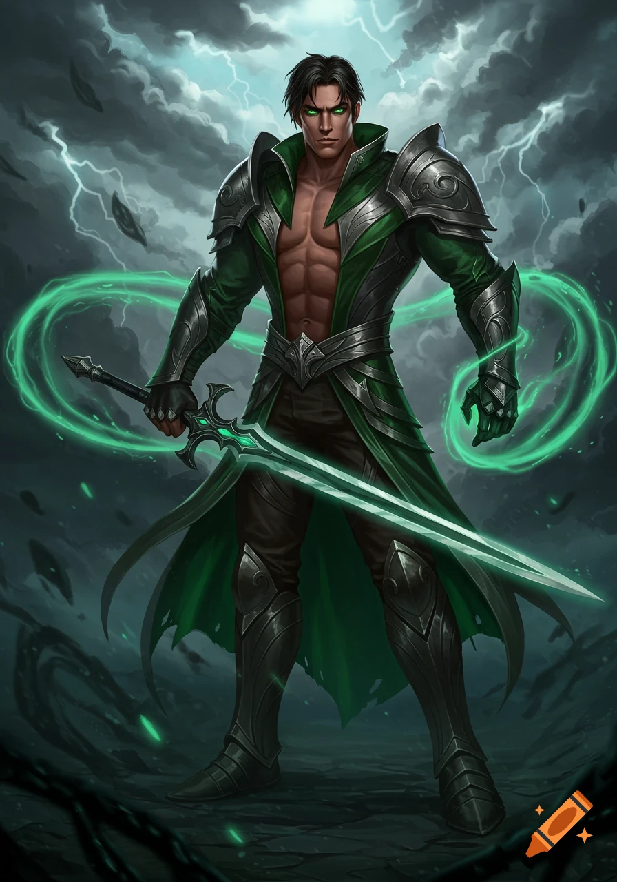 A powerful fantasy warrior with glowing green eyes and a green sword, in green and silver armor, stands against a stormy sky.