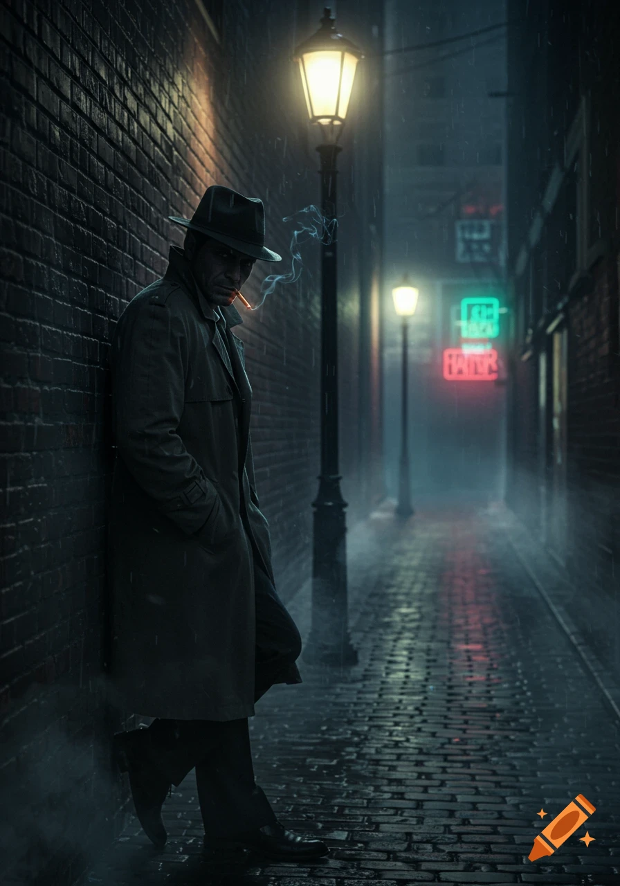 A trench-coated detective smokes a cigarette in a dark, rainy city alley under glowing streetlights and neon signs.