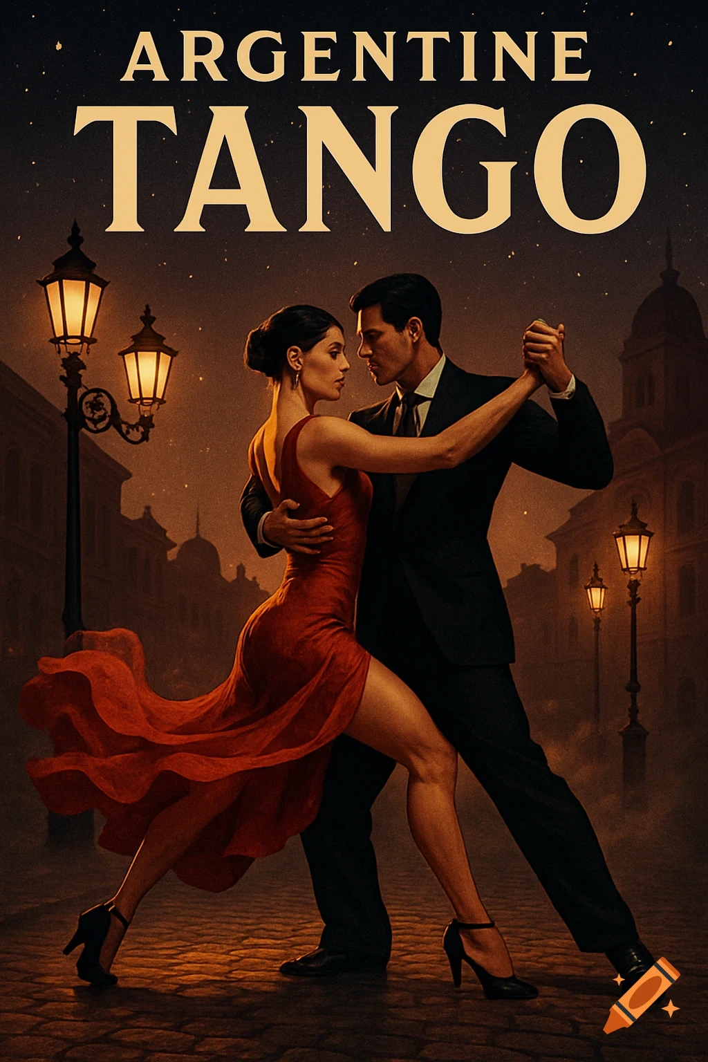 Illustrated poster of a couple dancing Argentine Tango on a street at night, with the title 'ARGENTINE TANGO'.
