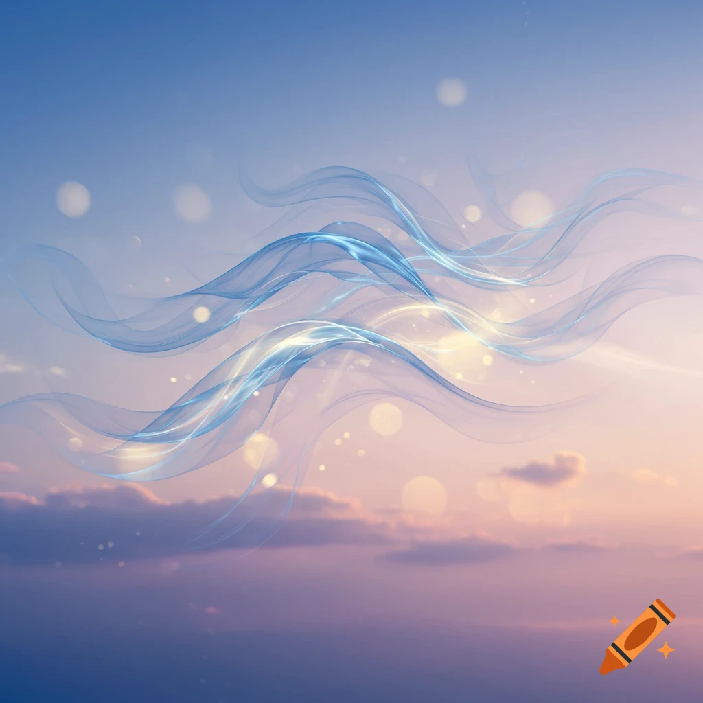 Abstract blue and white glowing wavy lines float across a gradient pastel sky with bokeh lights and soft clouds.