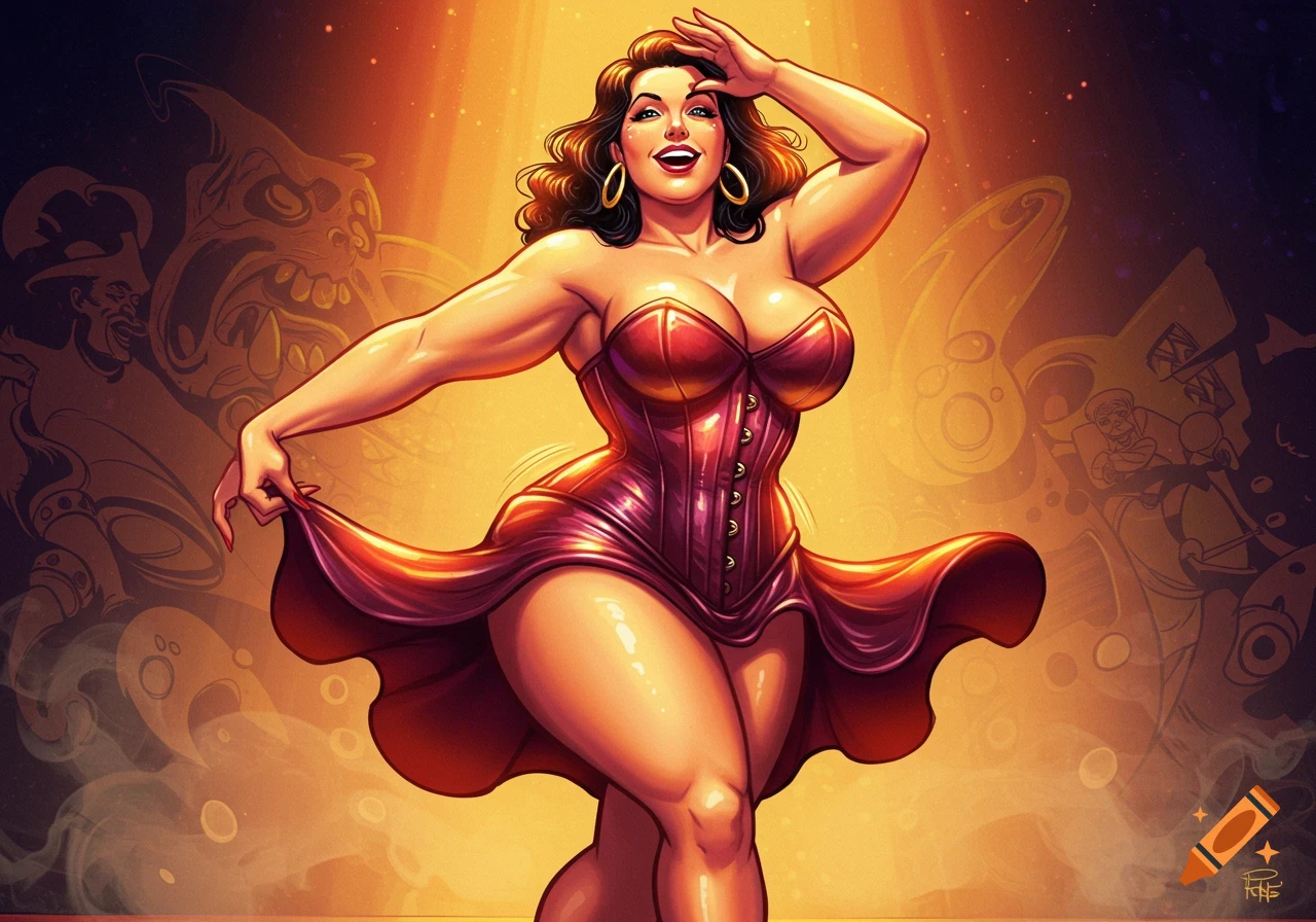 A smiling, curvaceous woman in a red corset and short dress dances under a spotlight, with shadowy figures in the background.