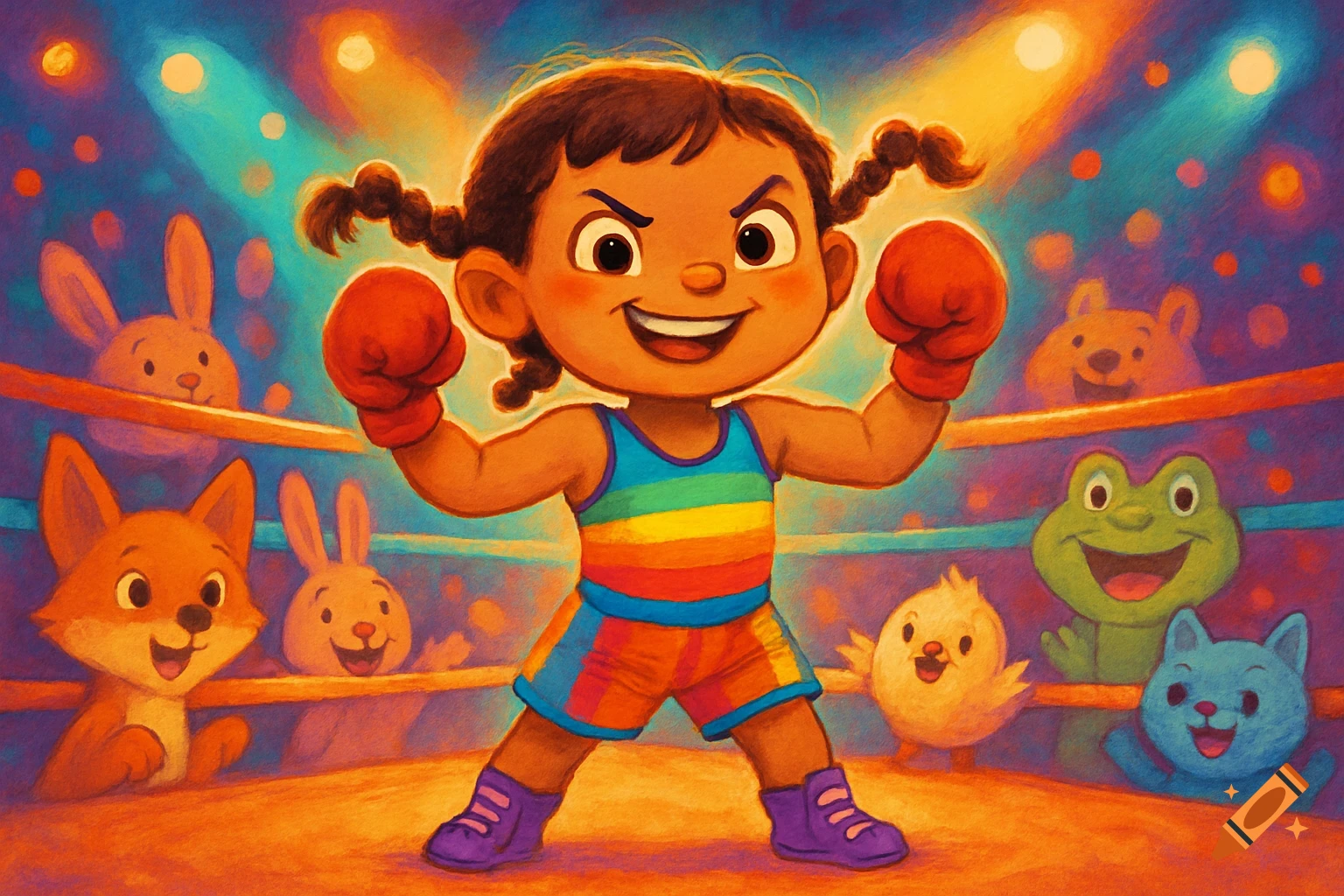 A cartoon child boxer in a rainbow top and red gloves flexes in a ring, cheered by various cartoon animals in a vibrant illustration.