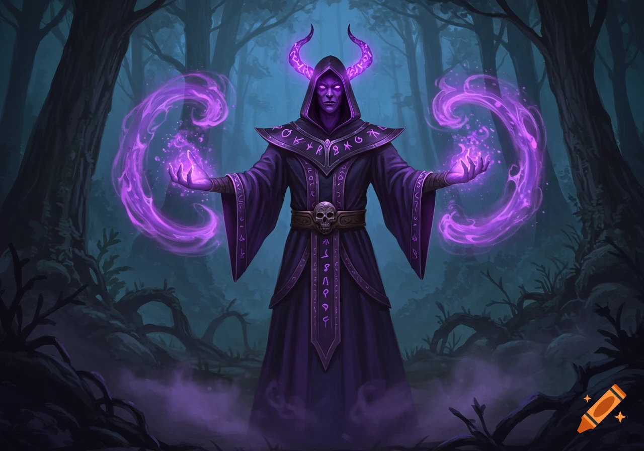 Purple-robed necromancer with glowing eyes and horns casts purple magic in a dark forest.