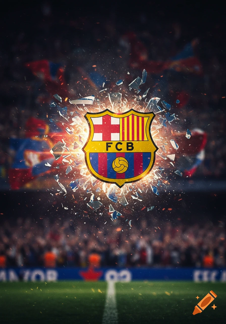 The FC Barcelona crest shattering with glowing light and glass shards over a blurred football stadium background.