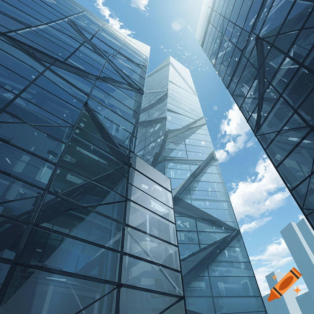 Low-angle view of a modern glass skyscraper with triangular patterns reflecting a bright blue sky with clouds and sun.