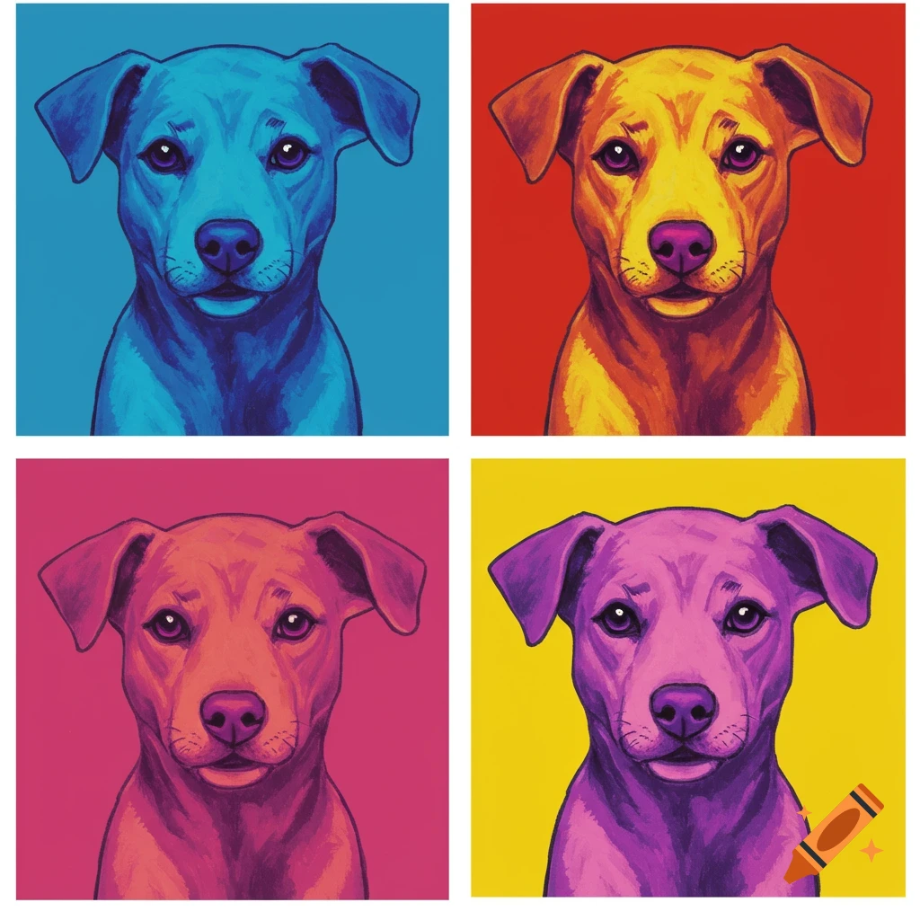 A grid of four pop art style dog portraits, each with bright colors and bold outlines on contrasting backgrounds.