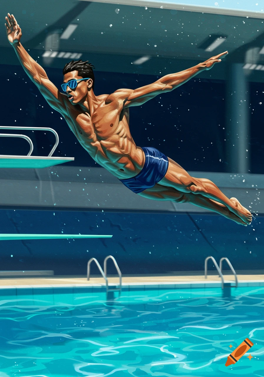 A muscular male diver in blue swim trunks and blue sunglasses leaps off a diving board into a bright blue swimming pool, cartoon style.