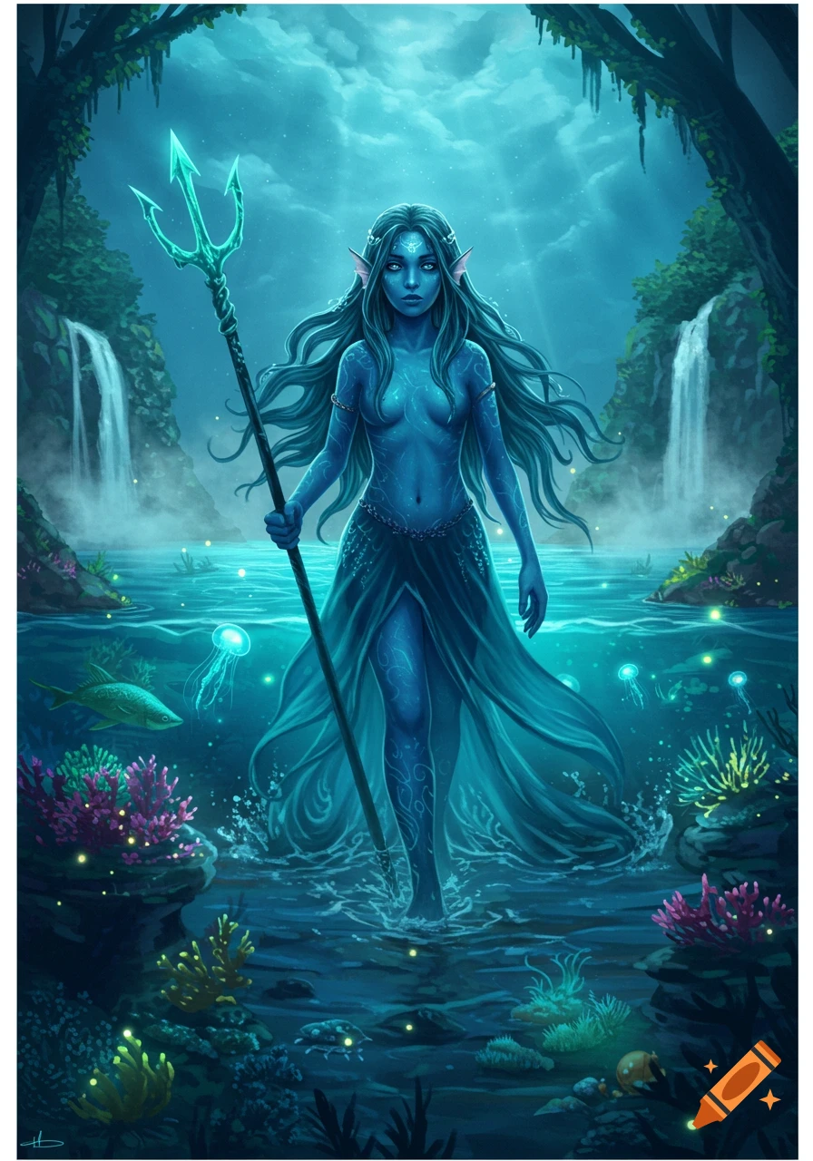 A blue-skinned woman with long, flowing hair and pointed ears, holding a glowing trident, stands in a shallow mystical pool with waterfalls and glowing jellyfish.