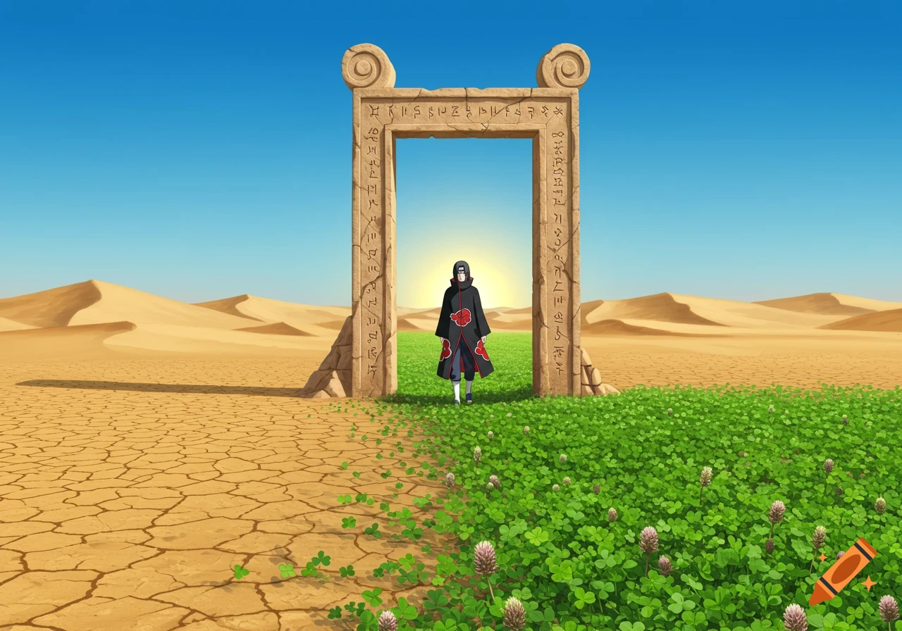 Itachi Uchiha from Naruto walks through an ancient stone gate dividing a cracked desert from a lush clover field under a blue sky.