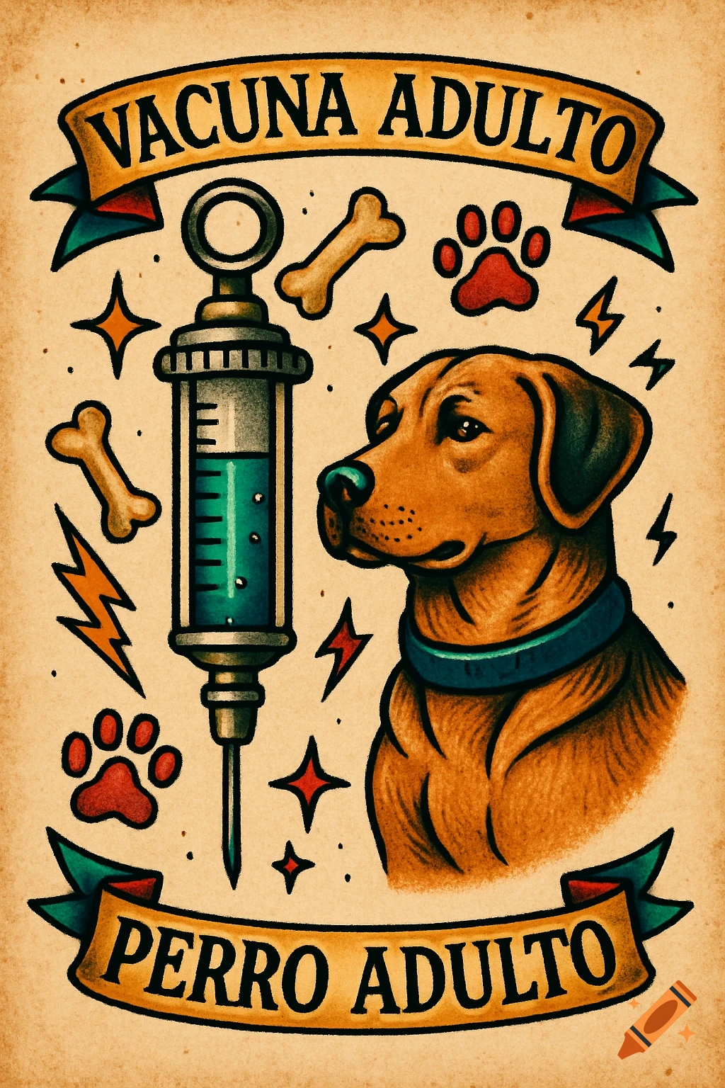An old school tattoo illustration featuring a brown dog, a syringe, bones, paw prints, stars, and lightning bolts on an aged beige background. Banners read 'VACUNA ADULTO' and 'PERRO ADULTO'.
