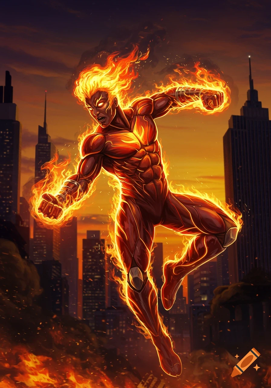 A powerful fire superhero with glowing eyes and flaming hair leaps over a city at sunset, in a vibrant comic art style.