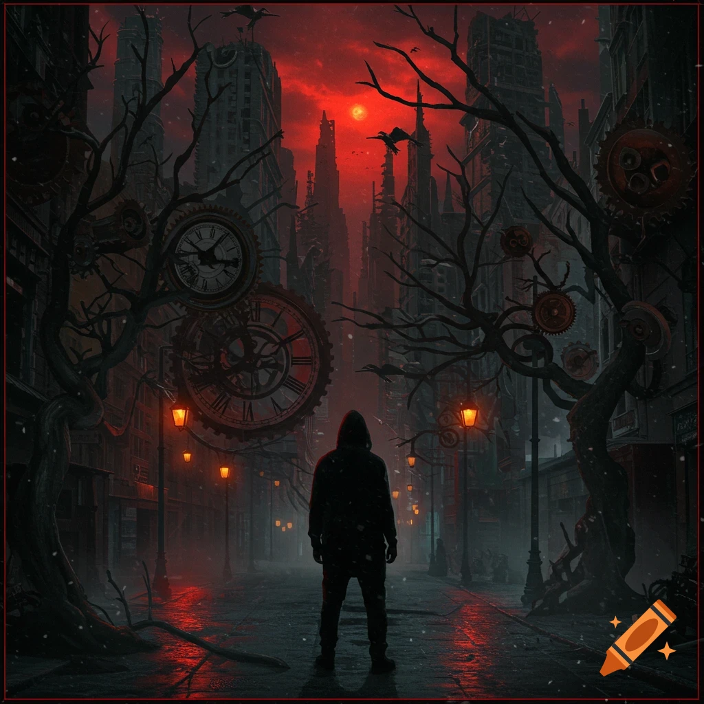 A hooded figure stands in a dark, dystopian city street under a blood-red sky, flanked by dead trees and large clock gears.