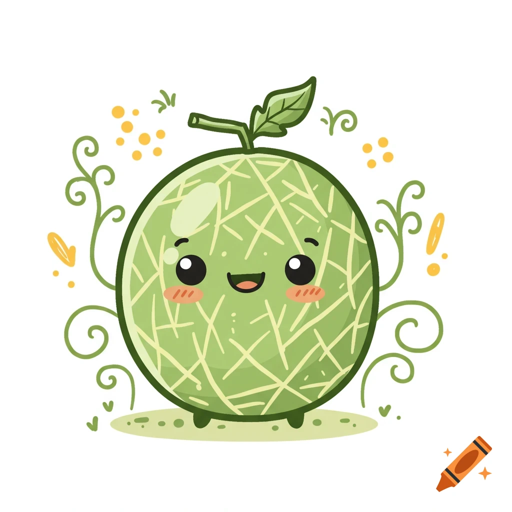 Cute doodle style melon with a happy face, stem, and leaf, surrounded by whimsical green vines and yellow dots on a white background.