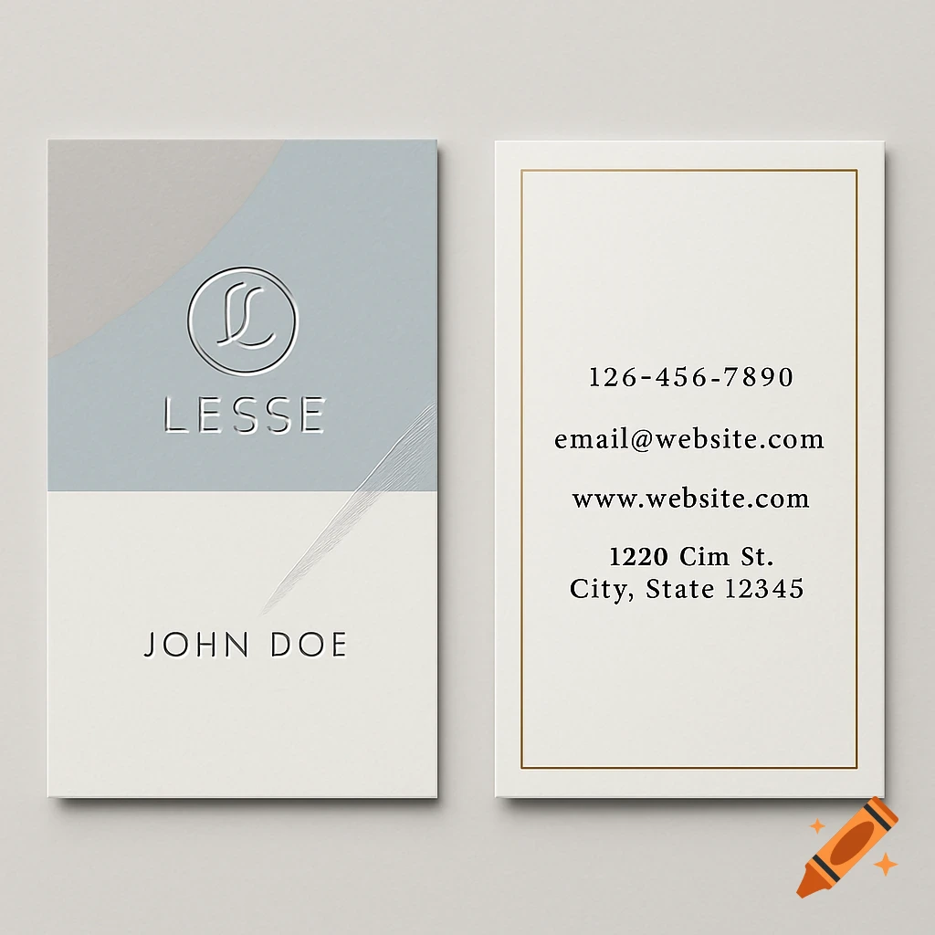 Two elegant business cards, one with a pastel blue and beige design with a logo and name, the other with a gold border and placeholder contact information.