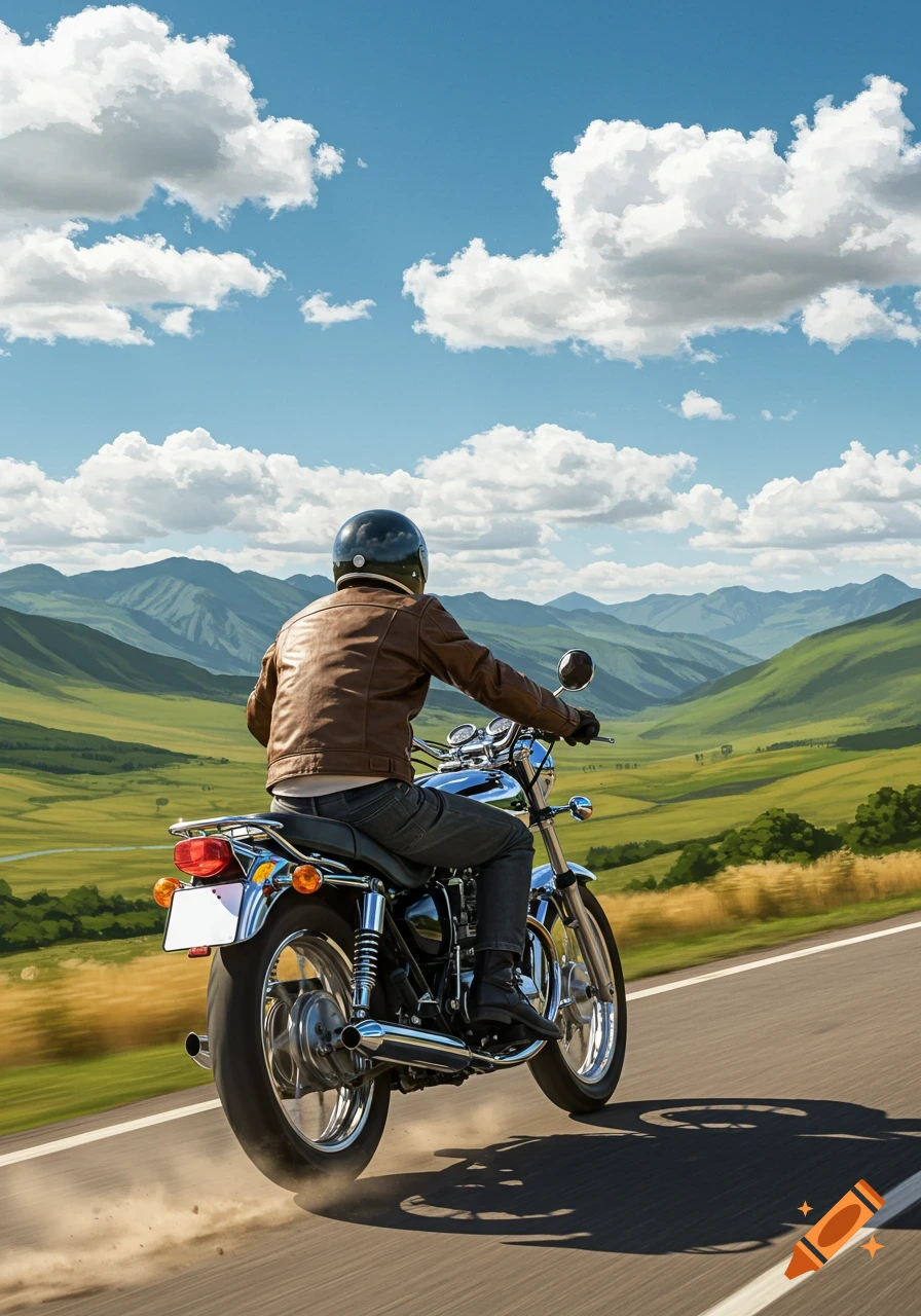 A person in a brown leather jacket rides a motorcycle on a winding road through green valleys and mountains under a blue, cloudy sky.
