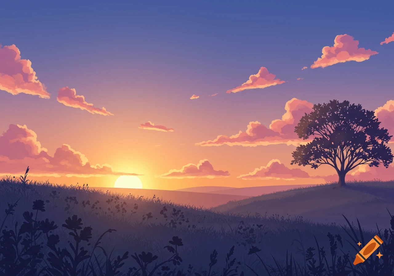 Stylized landscape at sunset with a silhouetted tree on a hill and colorful clouds against a gradient sky.