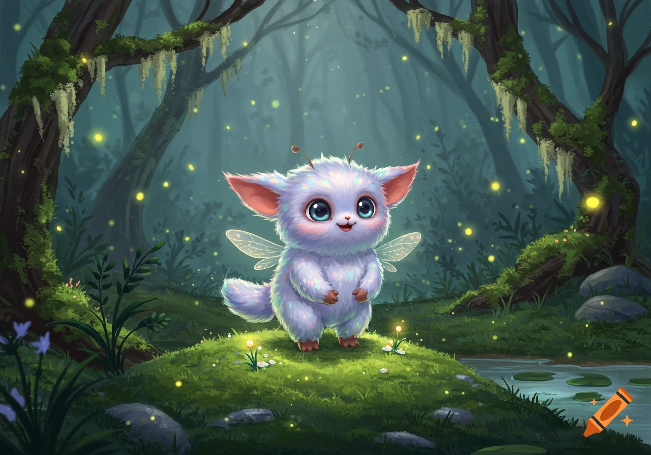 A fluffy, white, fairy-like creature with big blue eyes and wings stands on a grassy hill in a magical forest glowing with fireflies.