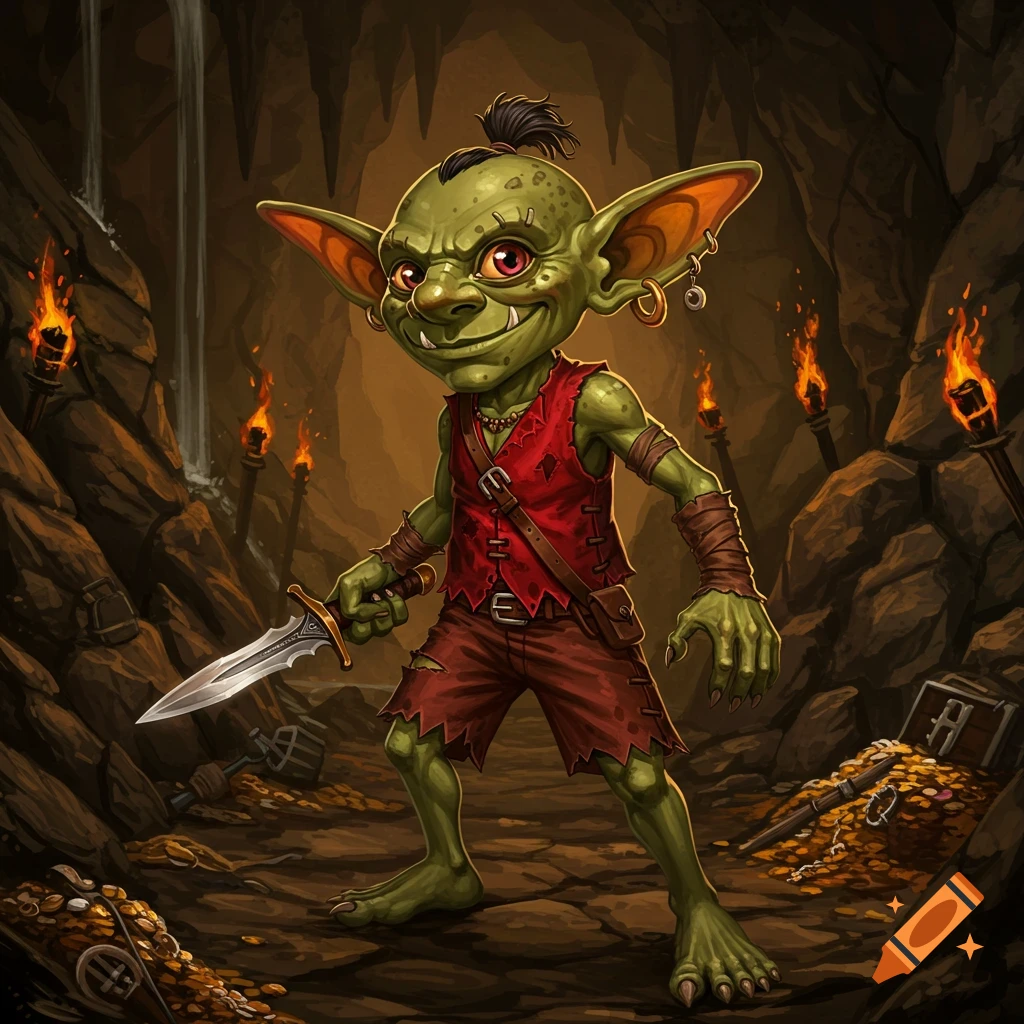 A grinning green goblin with an earring, red vest, and shorts holds a dagger in a torch-lit cave with treasure.