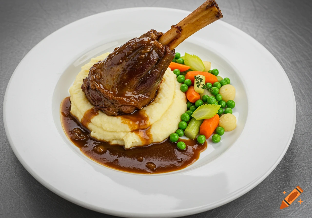 Photorealistic close-up of a plated lamb shank with mashed potatoes, gravy, peas, carrots, and celery.