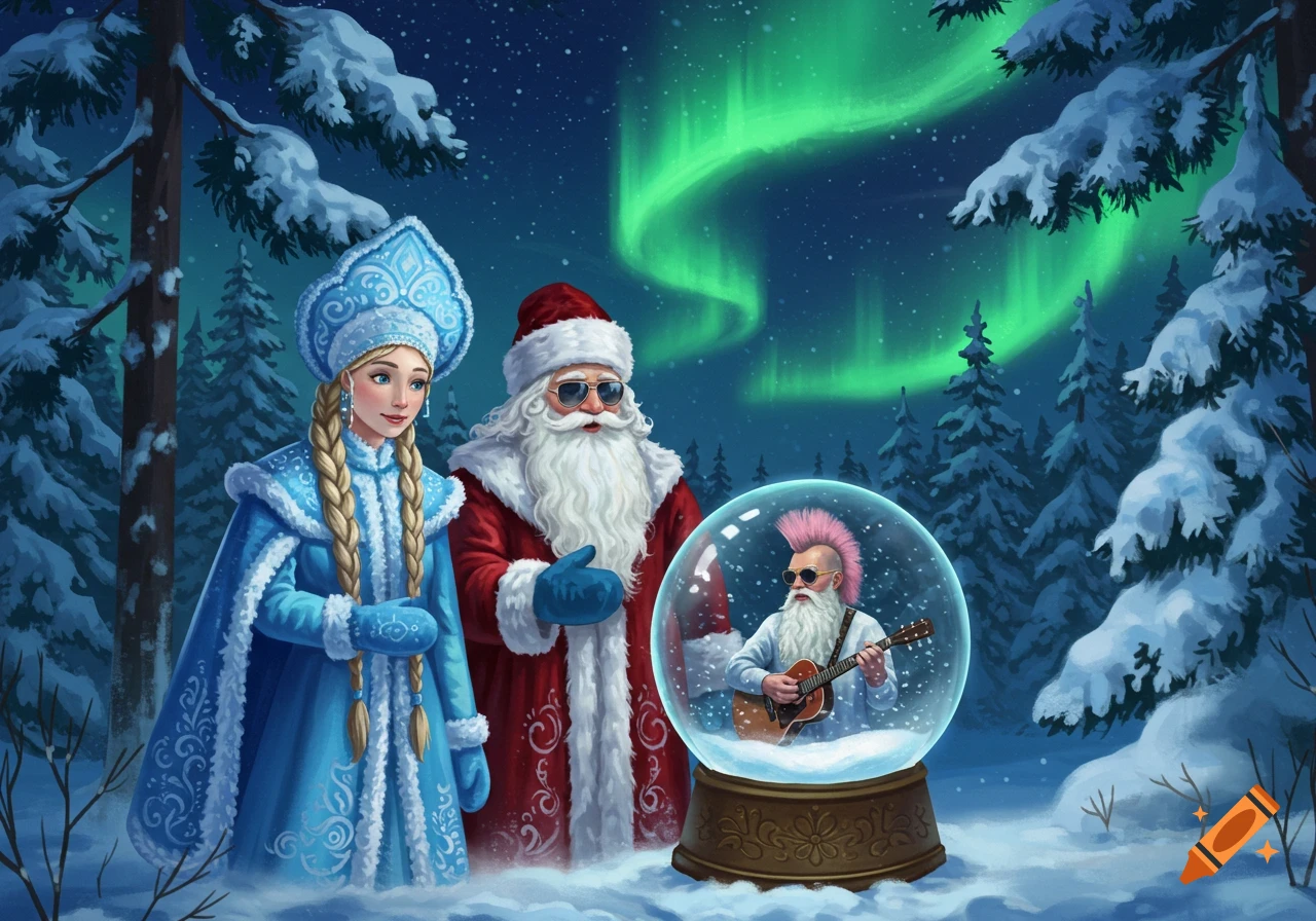 Snegurochka and Santa Claus in a snowy forest under aurora borealis, looking at a snow globe with a punk Santa playing guitar, illustration.