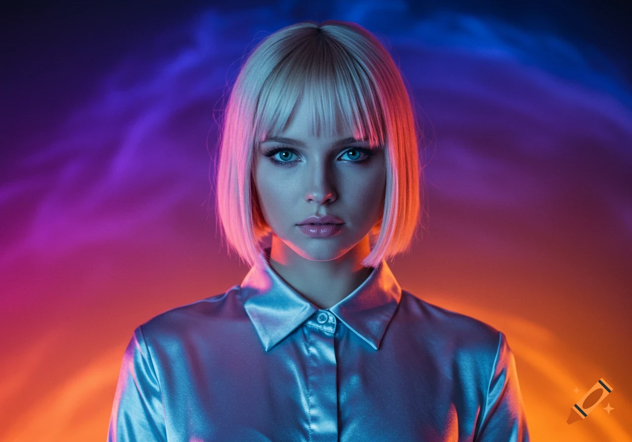 Photorealistic portrait of a blonde woman with a bob cut in a silver shirt, vibrant purple and orange background.