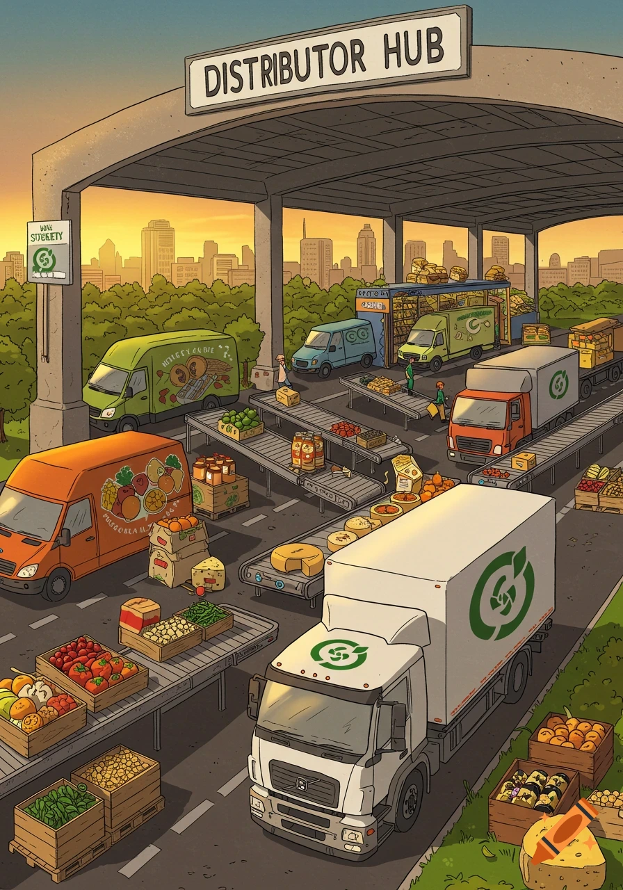 An illustration of a food distribution hub at sunset, with various trucks, vans, and conveyor belts moving crates of fresh produce and cheese, under a large sign reading "DISTRIBUTOR HUB."