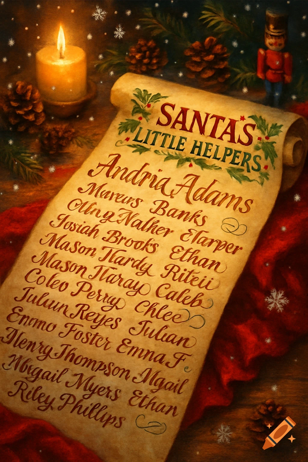 A close-up shot of an antique-looking scroll titled "Santa's Little Helpers" with a list of names, next to a lit candle and pinecones.
