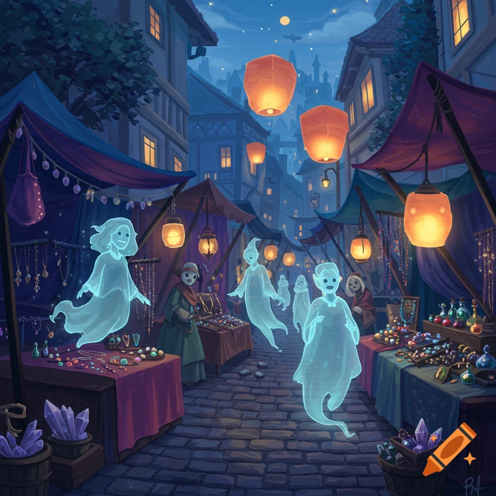 An illustrated fantasy night market at dusk, with glowing lanterns, market stalls, and translucent, smiling ghosts floating among human vendors.