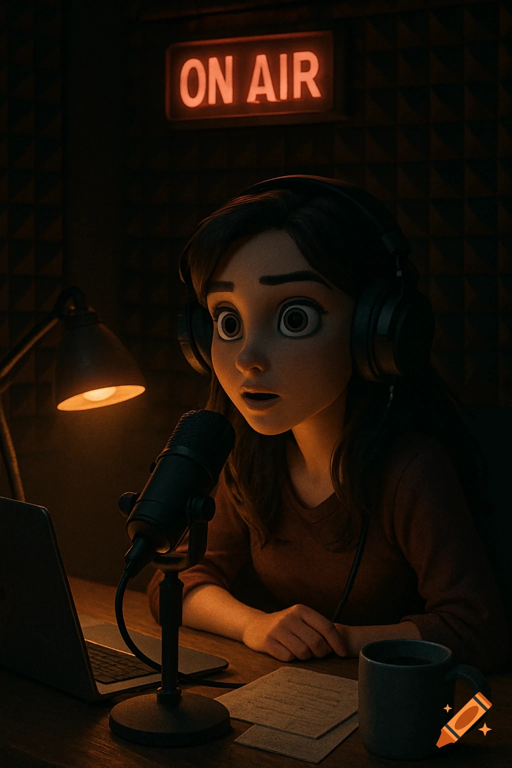 A 3D animated young woman with headphones speaks into a microphone in a dimly lit podcast studio with an 'ON AIR' sign.