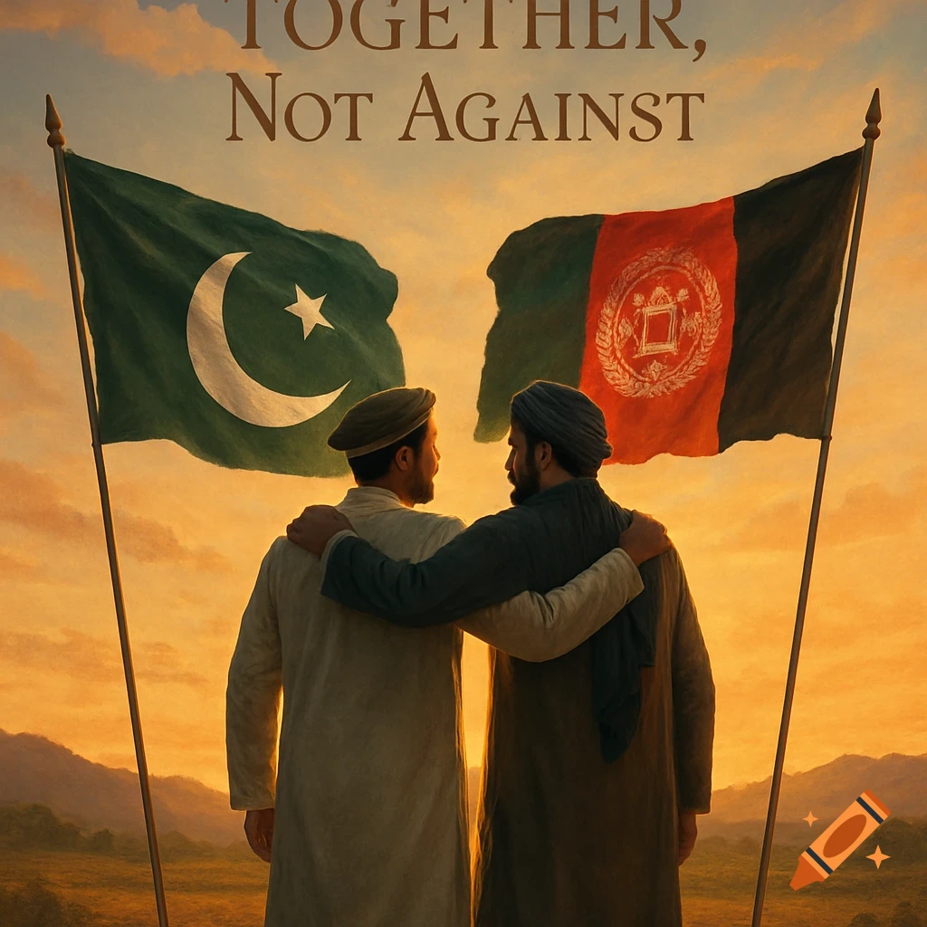 Two men embrace under a sunset sky, with the Pakistan and Afghanistan flags. Text reads "TOGETHER, Not AGAINST".