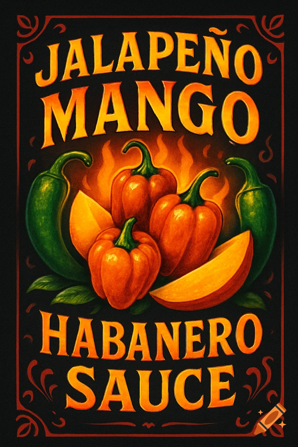 A vintage-style label for 'JALAPEÑO MANGO HABANERO SAUCE' featuring peppers, mango, and flames on a black background.