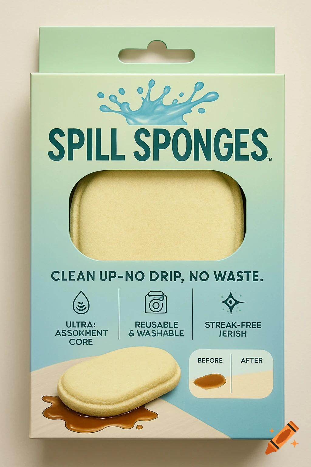 A product box for Spill Sponges, featuring a clear window showing a yellow sponge. The box is light green and blue, with a sponge soaking up a spill on the front.