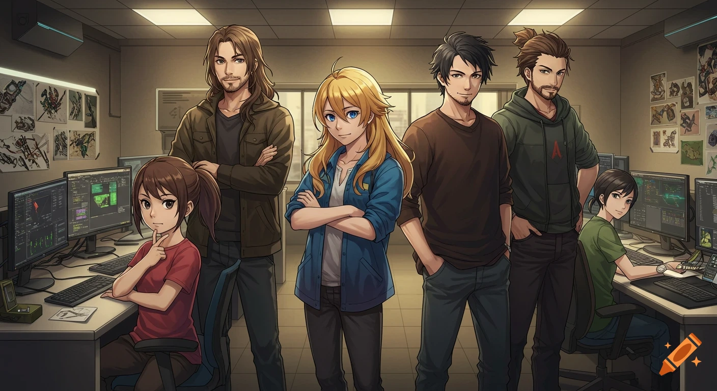 Five anime-style game developers, three men and two women, in a modern gaming studio with glowing monitors and concept art.