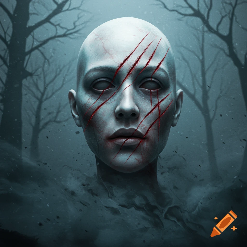 A pale, bald ghost face with deep bloody scratches and white eyes, emerging from mist in a dark, barren forest.