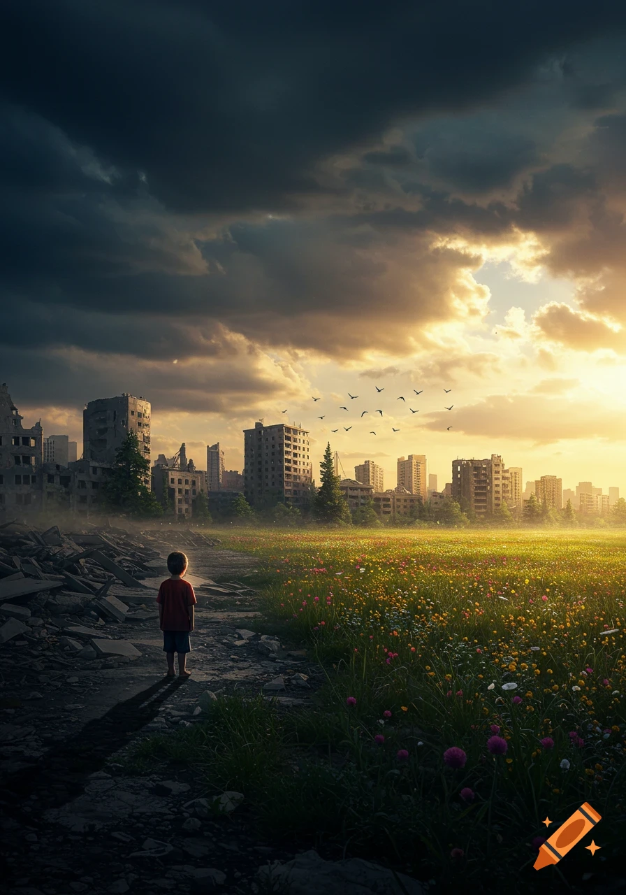 A child stands on rubble, gazing at a cityscape where war-torn buildings meet a vibrant flower field under a dramatic sky.