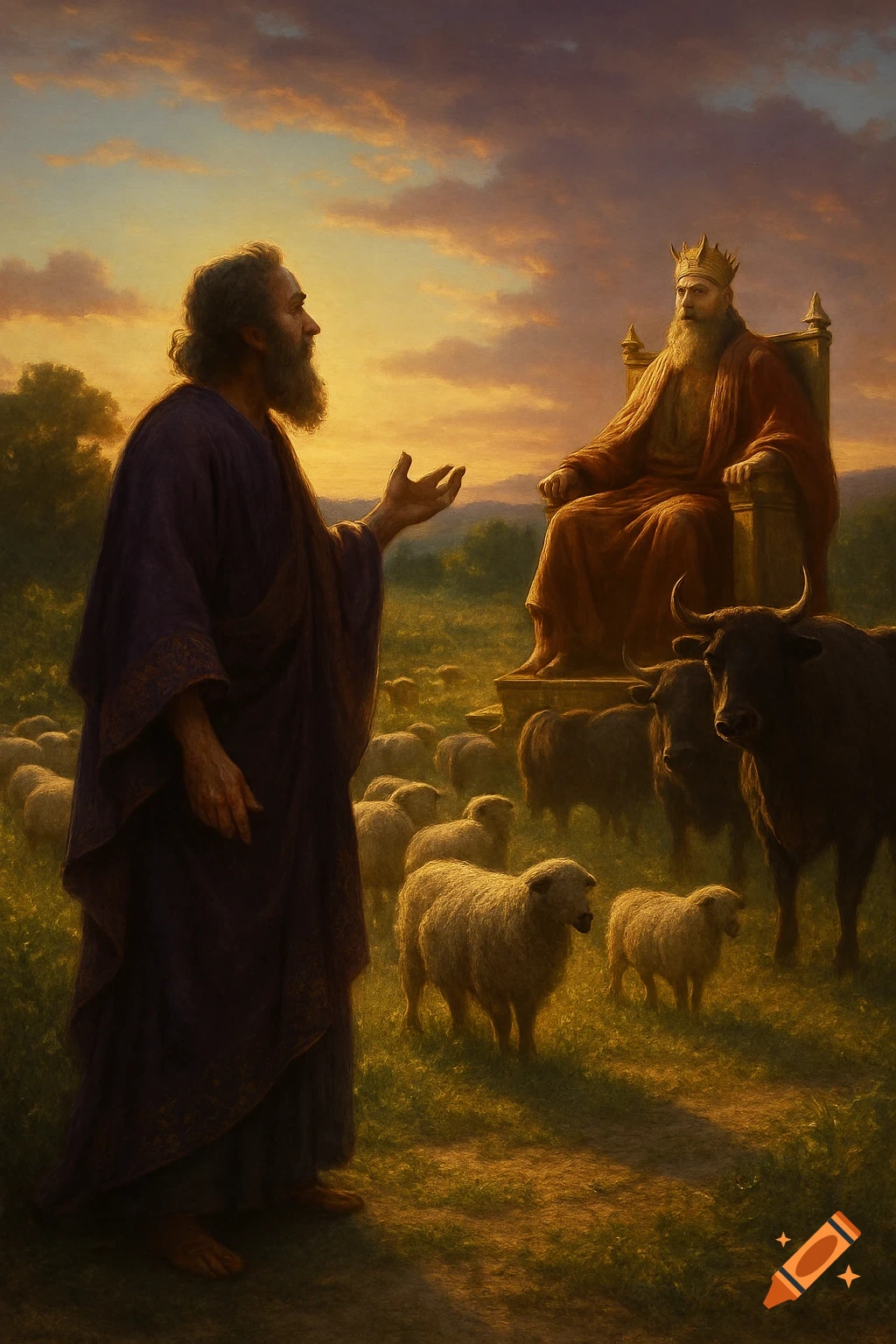 A bearded man in a purple robe speaks to a crowned king on a throne, surrounded by sheep and cows in a golden field at sunset, painterly style.