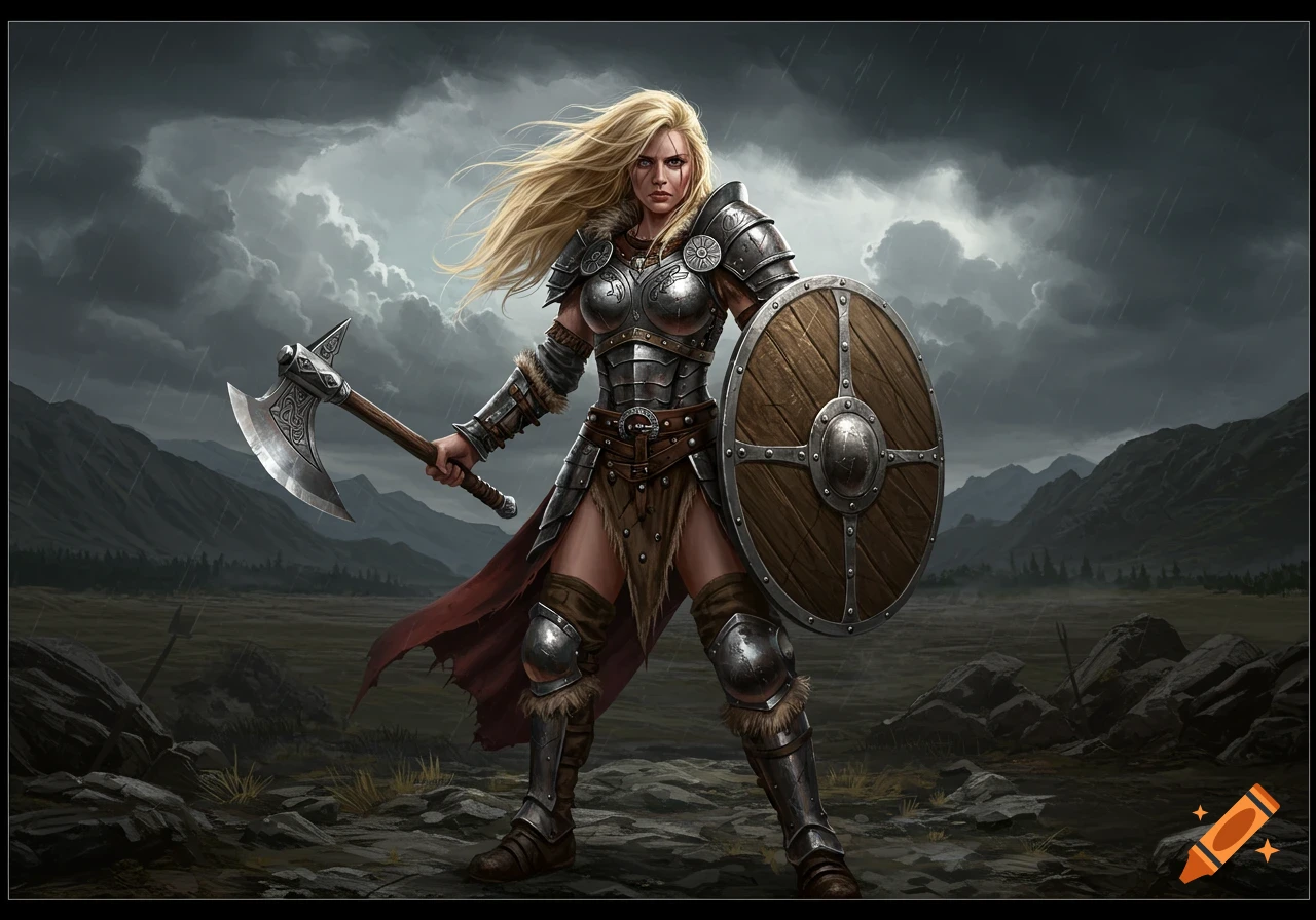 A blond barbarian woman in metal armor stands in a stormy mountain landscape, holding a battleaxe and a round shield.