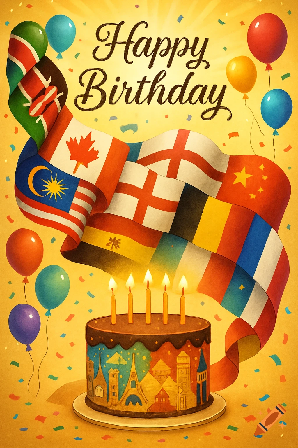 A festive birthday poster with "Happy Birthday" text, balloons, a cake decorated with landmark silhouettes, and various national flags flowing in a ribbon.