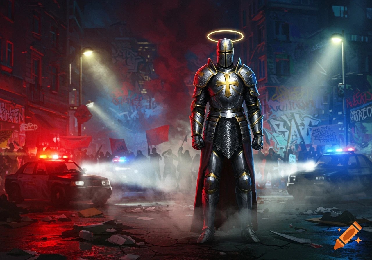 A holy knight in shining armor with a halo stands amidst a modern urban protest with police cars, smoke, and graffiti in red and blue light.