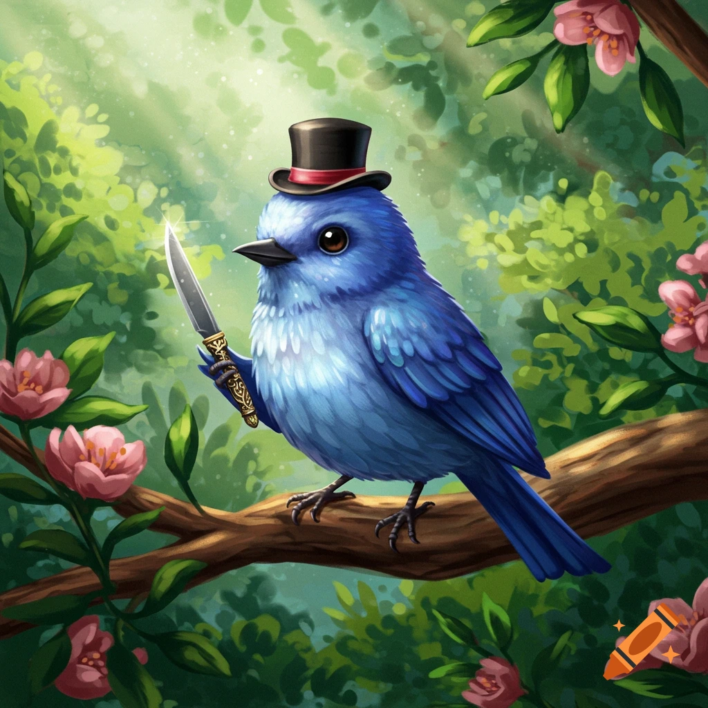 A cute blue bird in a top hat sits on a tree branch, holding a knife, in a whimsical illustration.