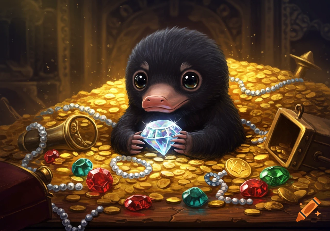 A cute, furry Niffler sits in a huge pile of gold coins, holding a sparkling diamond, surrounded by colorful gems and pearls.