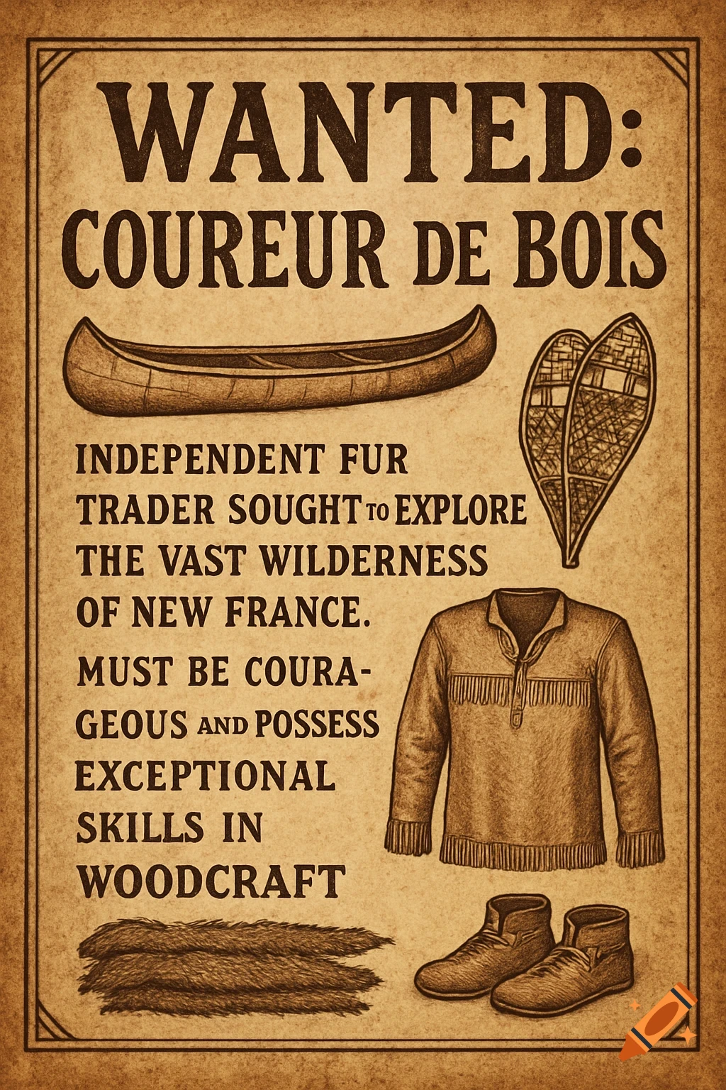 Vintage sepia-toned 'WANTED: COUREUR DE BOIS' poster with text and illustrations of a canoe, snowshoes, fur pelts, buckskin shirt, and moccasins.