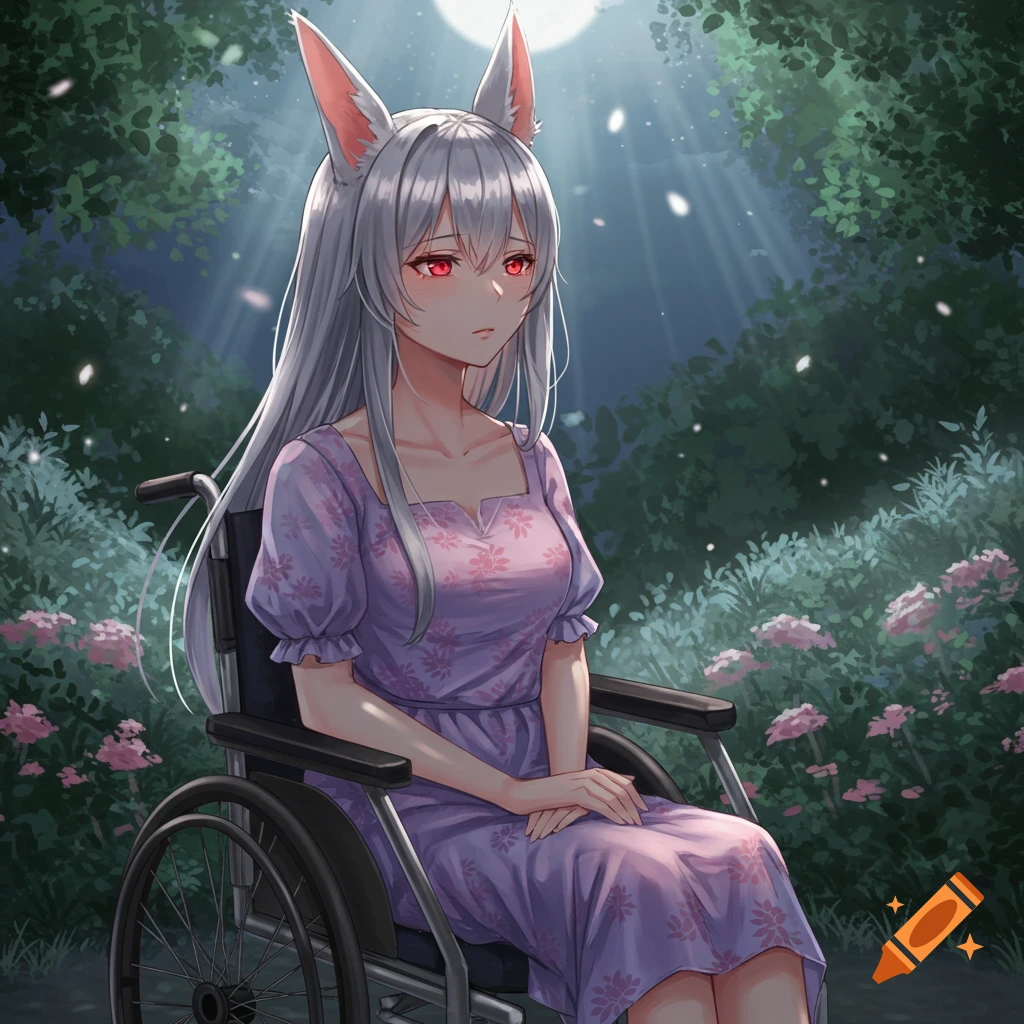 Anime girl with silver hair, red eyes, and large animal ears in a purple dress sits in a wheelchair in a moonlit forest.
