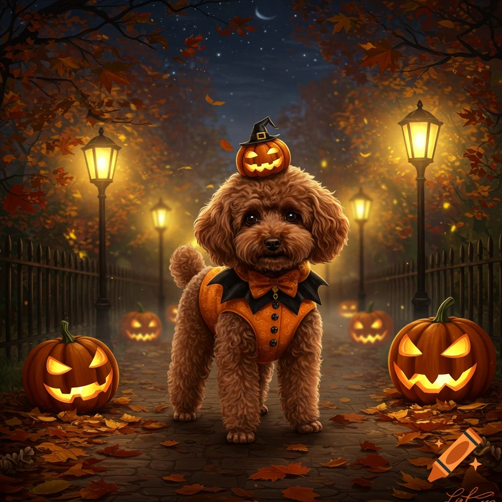 A brown poodle in a Halloween costume and pumpkin hat on a leaf-covered path with glowing jack-o'-lanterns and lampposts at night.
