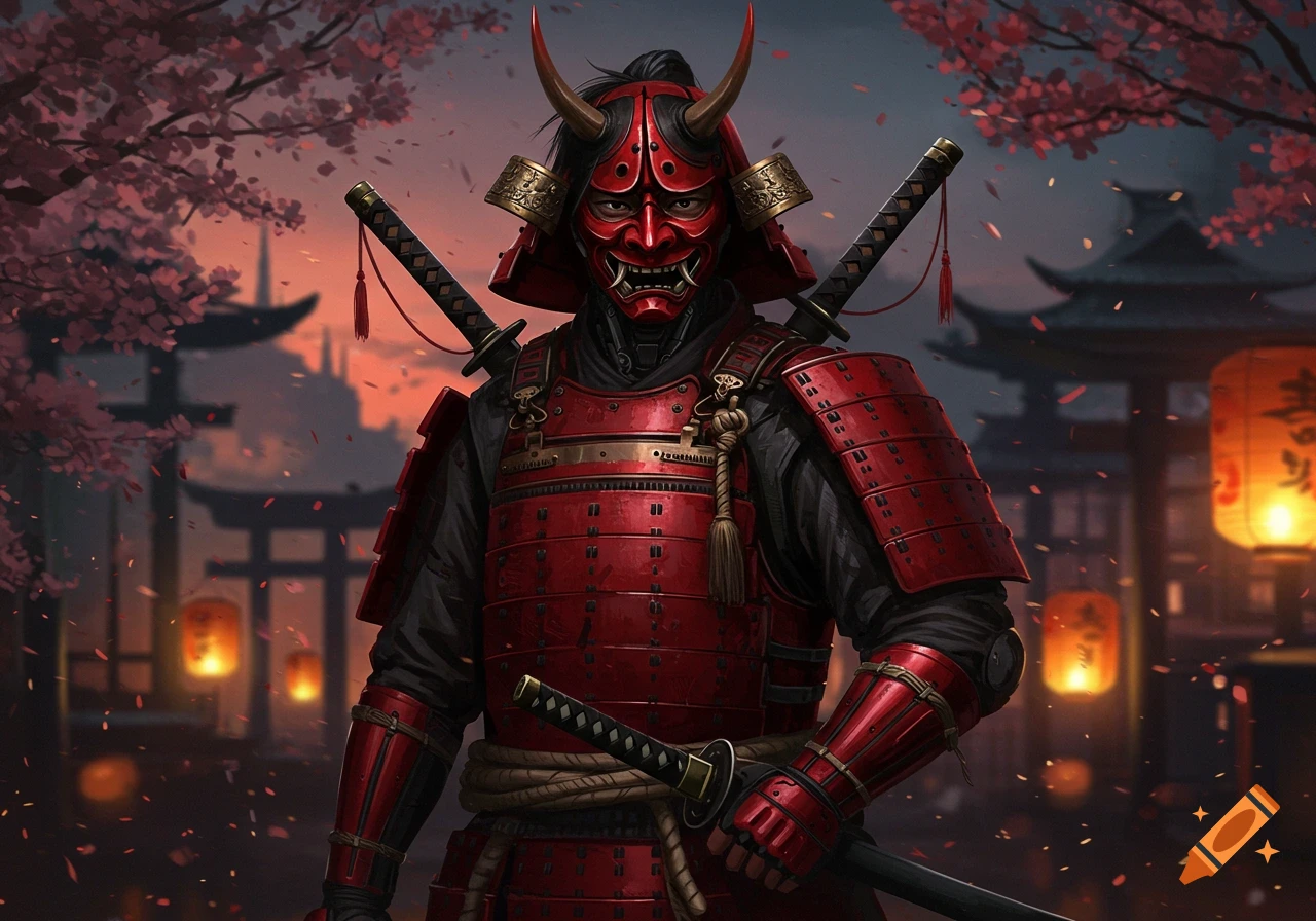 A samurai in red and black armor with a red horned oni mask, holding a sword, standing amidst cherry blossoms and traditional Japanese architecture at sunset.