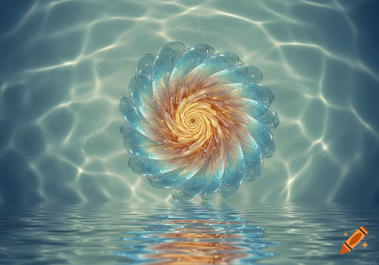 A glowing, translucent, spiral-petaled flower in blue and gold colors, reflected in the rippling surface of clear water, with light patterns on the water above.