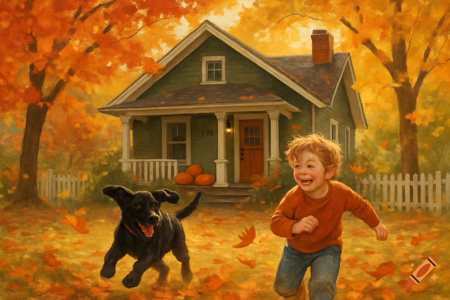 A red-haired child and a black dog run through a vibrant autumn yard with falling leaves and a green house, painted.