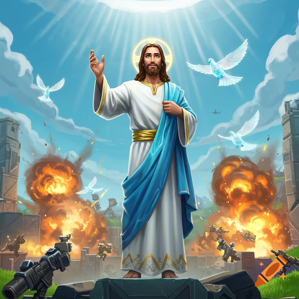 Stylized illustration of Jesus with a halo, standing amidst explosions, robotic soldiers, and doves in a combat zone.