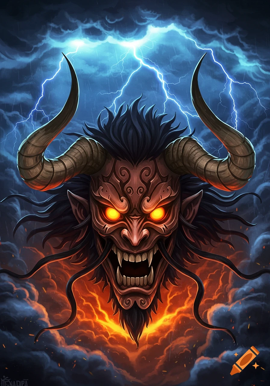 A stylized, fearsome horned demon mask with glowing orange eyes and sharp teeth, surrounded by fiery clouds and lightning in a stormy sky.