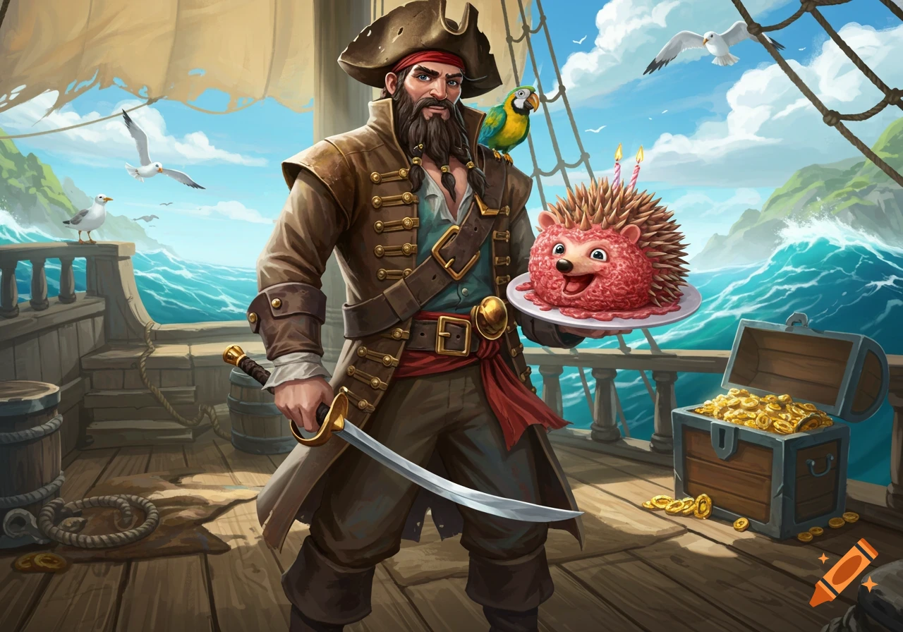 A bearded pirate with a parrot on his shoulder holds a hedgehog birthday cake on a ship deck with a treasure chest.
